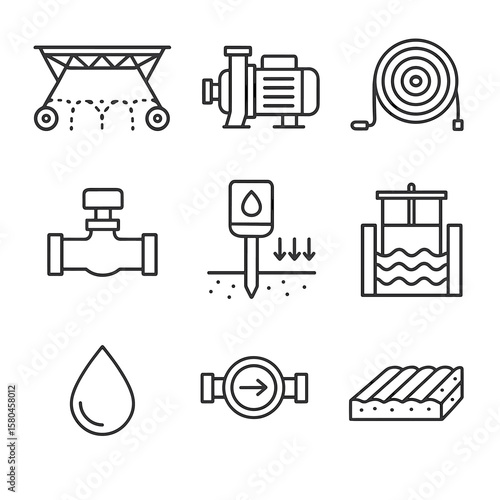 Field Irrigation Icons. Outline style icons of Field Irrigation System: pivot sprinkler, irrigation pump, water hose reel, control