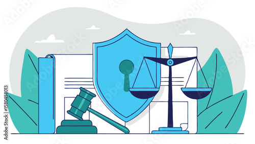 Symbols of legal defense: judge's gavel, scales of justice and a shield symbolizing insurance. The background is filled with legal documents emphasizing the formality and importance of legislation