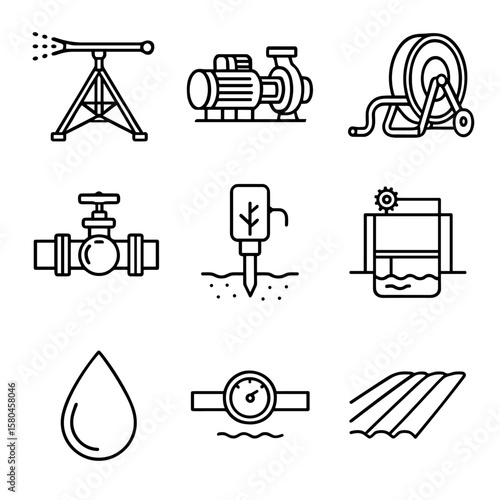 Field Irrigation Icons. Outline style icons of Field Irrigation System: pivot sprinkler, irrigation pump, water hose reel, control