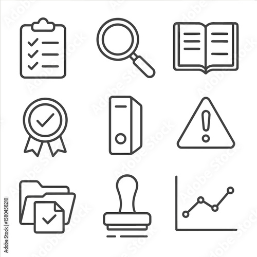 Audit Icon Set. Line style icons of Audit & Compliance: audit checklist, magnifying glass, ledger book, compliance seal, policy