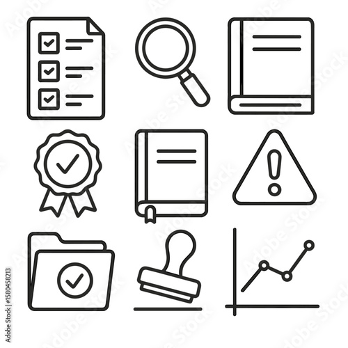 Audit Icon Set. Line style icons of Audit & Compliance: audit checklist, magnifying glass, ledger book, compliance seal, policy