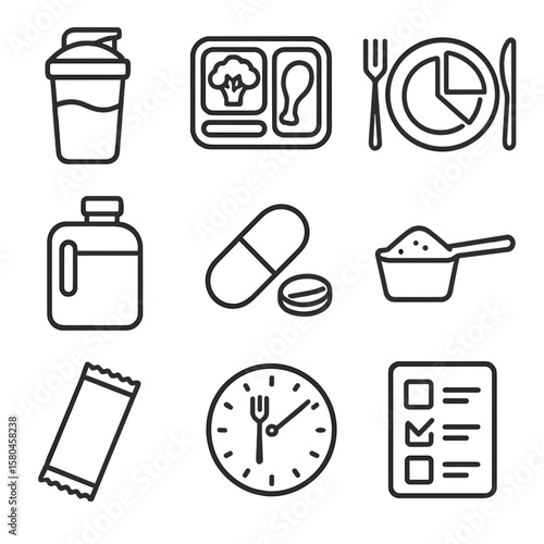 Nutrition Support Icons. Line style icons of Nutrition Support Pack: protein shake bottle, balanced meal box, macro chart plate,