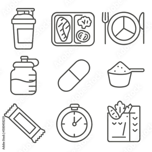 Nutrition Support Icons. Line style icons of Nutrition Support Pack: protein shake bottle, balanced meal box, macro chart plate,