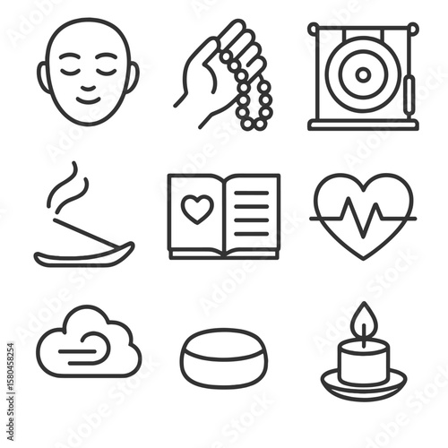 Meditation Icons Collection. Line style icons of Meditation Breath Awareness: serene face, counting beads, gong timer, incense