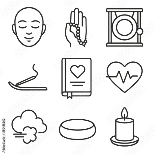 Meditation Icons Collection. Line style icons of Meditation Breath Awareness: serene face, counting beads, gong timer, incense