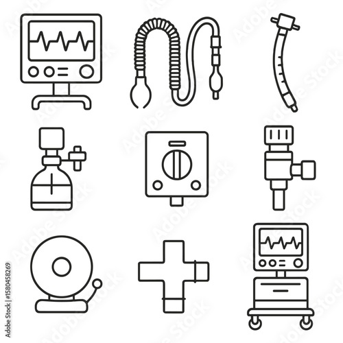 Ventilator Equipment Icons. Line style icons of Hospital Ventilator Equipment: ventilator screen, breathing circuit, endotracheal