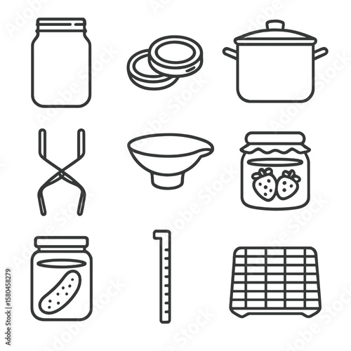 Canning Station Icons. Line style icons of Canning & Preserves Station: mason jar, two-piece lid, water-bath pot, jar lifter tongs