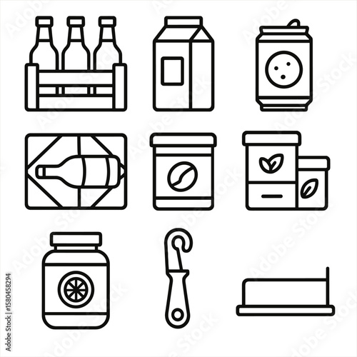 Beverage Storage Icons. Line style icons of Beverage Shelf Storage: glass bottle crate, juice carton, sparkling water can, wine