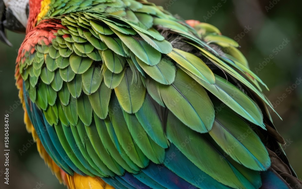 Fototapeta premium Close up of vibrant green and blue feathers on a colorful macaw bird