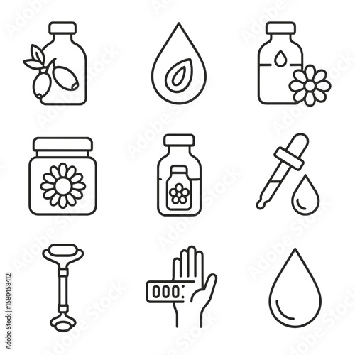 Skin Care Icons. Line style icons of Skin Care Serum Oils: anti-aging rosehip vial, argan glow drop, jojoba moisture bottle,