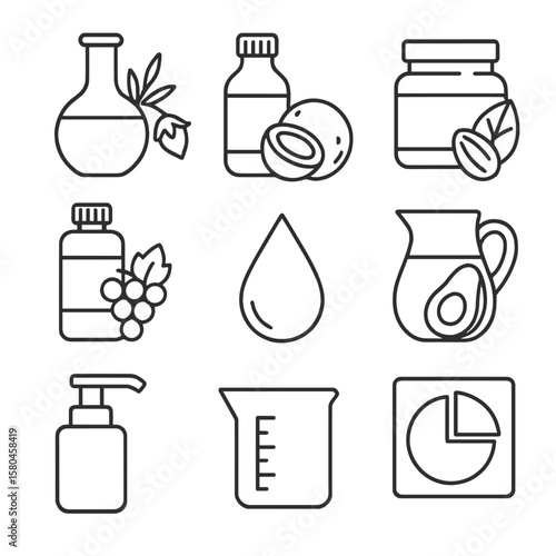 Carrier Oils Icons Toolkit. Line style icons of Carrier Oils Toolkit: jojoba flask, fractionated coconut bottle, sweet almond jar,