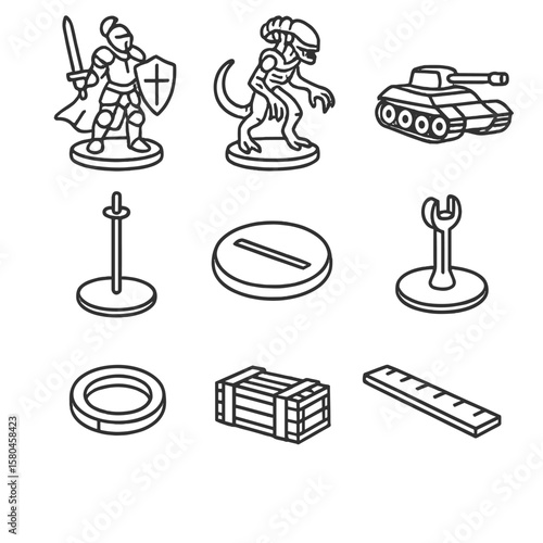 Miniature Line Style Icons. Line style icons of Miniatures & Bases: heroic knight mini, alien creature mini, tank vehicle mini,