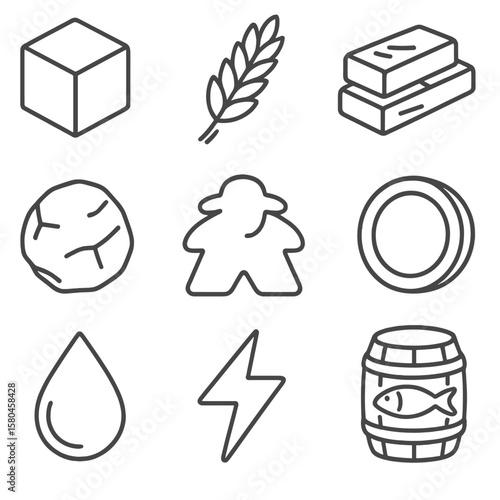 Line Icon Tokens. Line style icons of Resource Tokens: wooden cube wheat, brick block, stone token, sheep meeple, gold coin, water