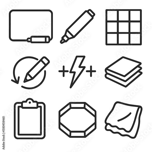Roll-and-Write Icons. Line style icons of Roll-and-Write Supplies: dry-erase board, erasable marker, scoring grid, reroll pencil