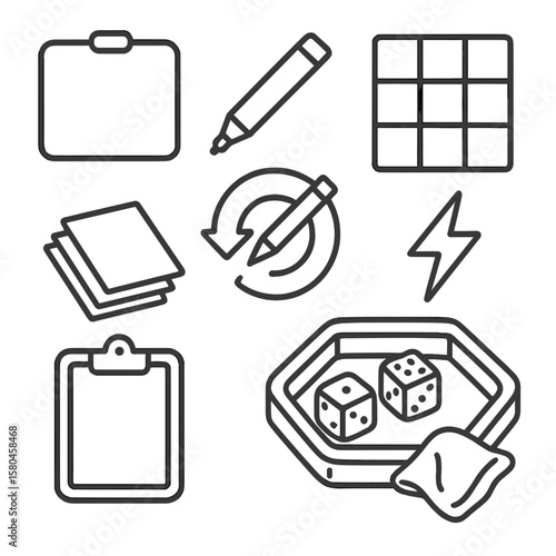 Roll-and-Write Icons. Line style icons of Roll-and-Write Supplies: dry-erase board, erasable marker, scoring grid, reroll pencil