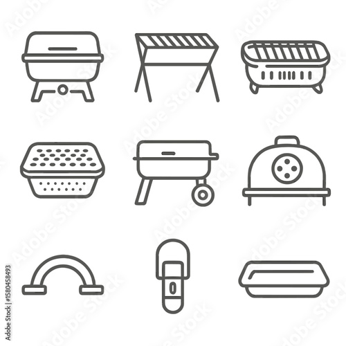 Portable Grill Icons. Line style icons of Portable Grill Varieties: tabletop gas grill, fold-up charcoal grill, hibachi grill,