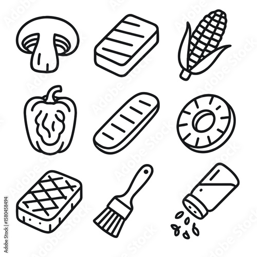 Vegetarian BBQ Icons. Line style icons of Vegetarian BBQ Favorites: portobello cap, halloumi slab, corn cob, stuffed bell pepper,