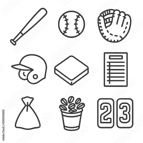 Baseball Dugout Essentials. Line style icons of Baseball Dugout Kit: wooden bat, stitched baseball, catcher mitt, batting helmet,