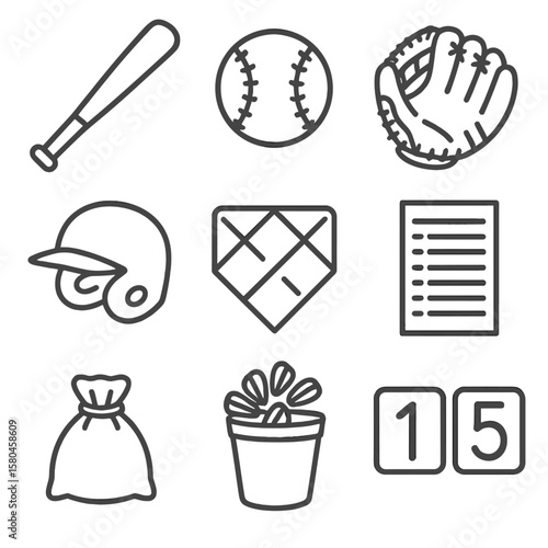 Baseball Dugout Essentials. Line style icons of Baseball Dugout Kit: wooden bat, stitched baseball, catcher mitt, batting helmet,
