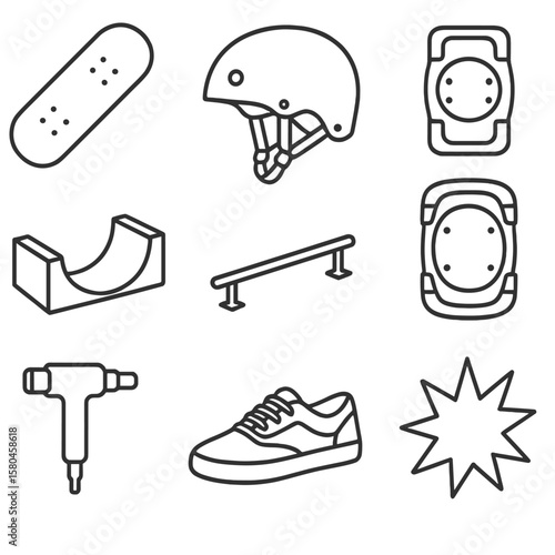 Skate Park Essentials Icons. Line style icons of Skate Park Basics: skateboard deck, safety helmet, elbow pad, knee pad, half-pipe