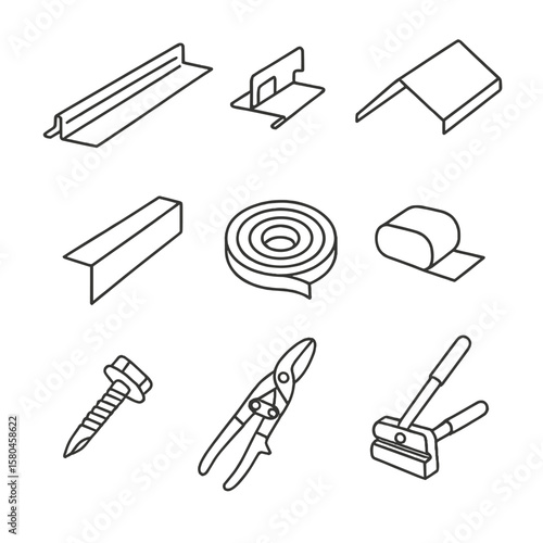 Metal Roofing Icons. Line style icons of Metal Roofing Kit: standing seam panel, hidden clip, metal ridge cap, sealant tape, butyl