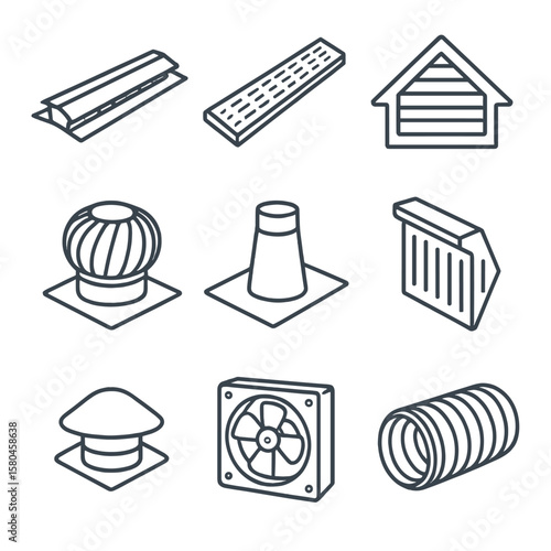Ventilation Icons Collection. Line style icons of Ventilation System Components: ridge vent, soffit vent strip, gable vent louver,