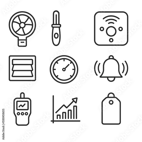 Ventilation Monitoring Icons. Line style icons of Ventilation Performance Monitoring: airflow anemometer, temperature probe, smart