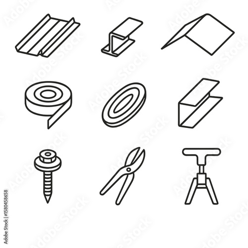 Metal Roofing Icons. Line style icons of Metal Roofing Kit: standing seam panel, hidden clip, metal ridge cap, sealant tape, butyl