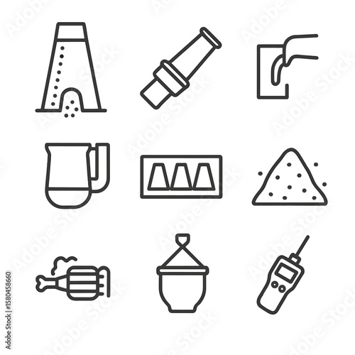 Iron Smelting Icons. Line style icons of Iron Smelting Process: blast furnace tower, tuyere nozzle, molten tap hole, slag ladle,
