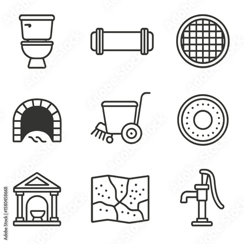 Urban Sanitation Icons. Line style icons of Urban Sanitation Advances: flush toilet cistern, water main pipe, cast-iron manhole,