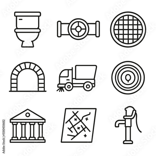 Urban Sanitation Icons. Line style icons of Urban Sanitation Advances: flush toilet cistern, water main pipe, cast-iron manhole,