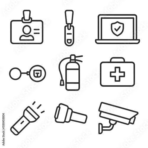 Office Security Icons. Line style icons of Office Security Essentials: ID badge, lanyard clip, keycard reader, privacy screen,