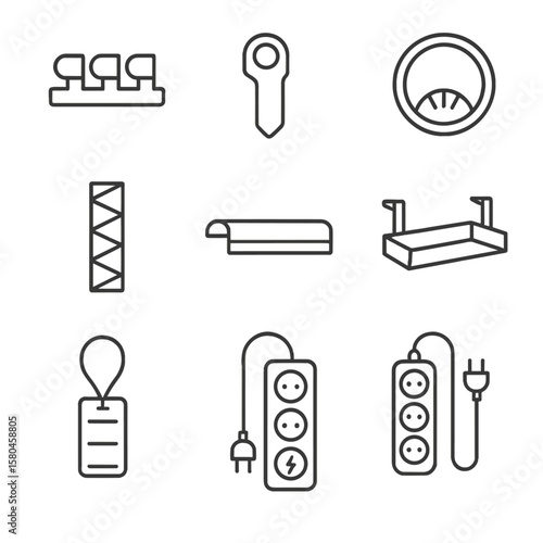 Cable Management Icons. Line style icons of Cable Management Set: cable clip, velcro tie, cable sleeve, desk grommet, cord channel
