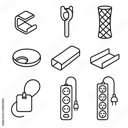 Cable Management Icons. Line style icons of Cable Management Set: cable clip, velcro tie, cable sleeve, desk grommet, cord channel