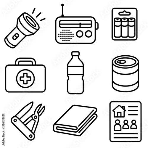 Emergency Preparedness Icons. Line style icons of Emergency Preparedness Kit: waterproof flashlight, battery radio, extra