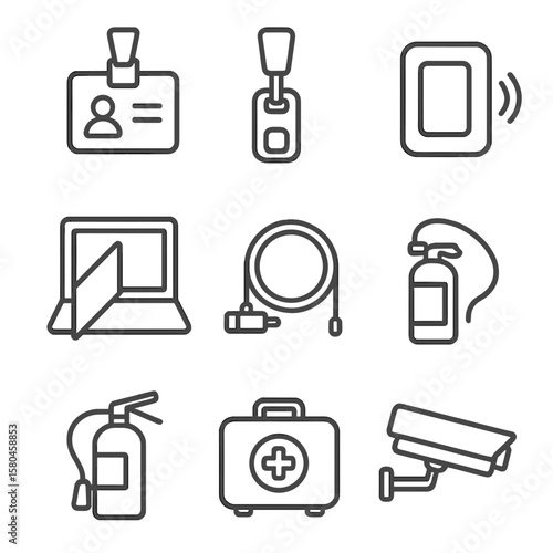 Office Security Icons. Line style icons of Office Security Essentials: ID badge, lanyard clip, keycard reader, privacy screen,