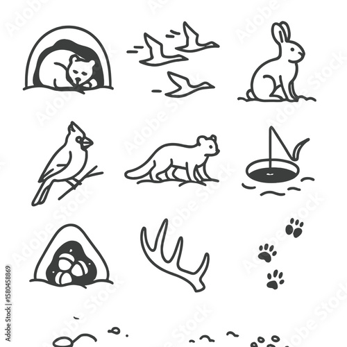 Winter Wildlife Icons. Line style icons of Winter Wildlife Survival: hibernating bear den, migrating geese, snowshoe hare, red