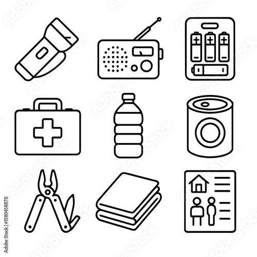 Emergency Preparedness Icons. Line style icons of Emergency Preparedness Kit: waterproof flashlight, battery radio, extra