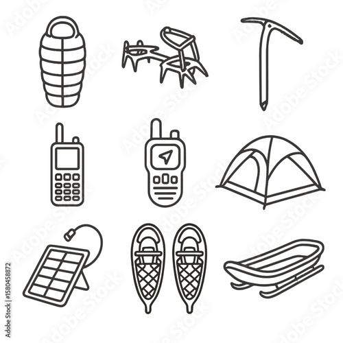 Line Art Expedition Gear. Line style icons of Polar Expedition Gear: down sleeping bag, crampon spikes, ice axe, satellite phone,