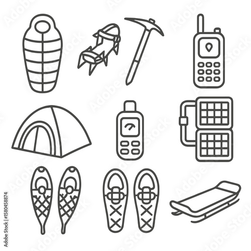 Line Art Expedition Gear. Line style icons of Polar Expedition Gear: down sleeping bag, crampon spikes, ice axe, satellite phone,