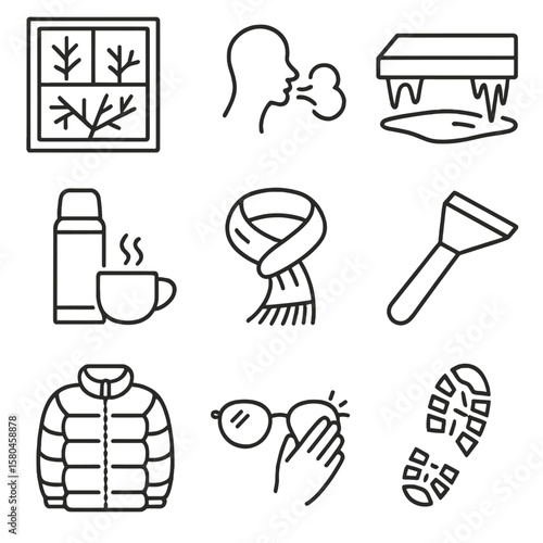 Frosty Morning Icons. Line style icons of Frosty Morning Routine: frosted window pane, breath cloud, icy doorstep, thermos coffee,