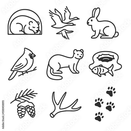 Winter Wildlife Icons. Line style icons of Winter Wildlife Survival: hibernating bear den, migrating geese, snowshoe hare, red