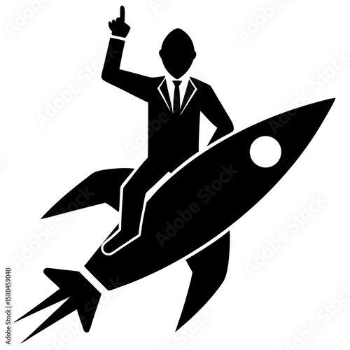 Businessman riding on rocket pointing up silhouette vector illustration