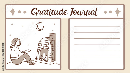 Open notebook with autumn leaves doodles on the left and blank lined pages on the right side view