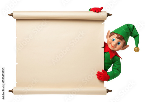 A cheerful christmas elf peeks out from behind a blank scroll, isolated on transparent background