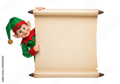 A cheerful elf peeks out from behind a blank parchment scroll, isolated on a transparent background, ready for holiday messages