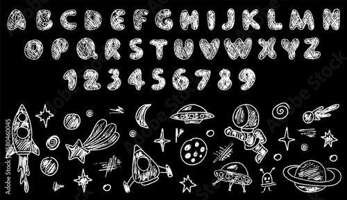 Astronaut and Planet Sketch with Crayon Font