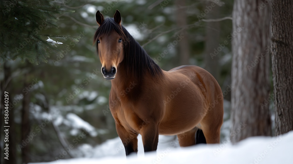 Obraz premium Canadian horse standing alert in snowy woods, powerful build emphasized by natural lighting.
