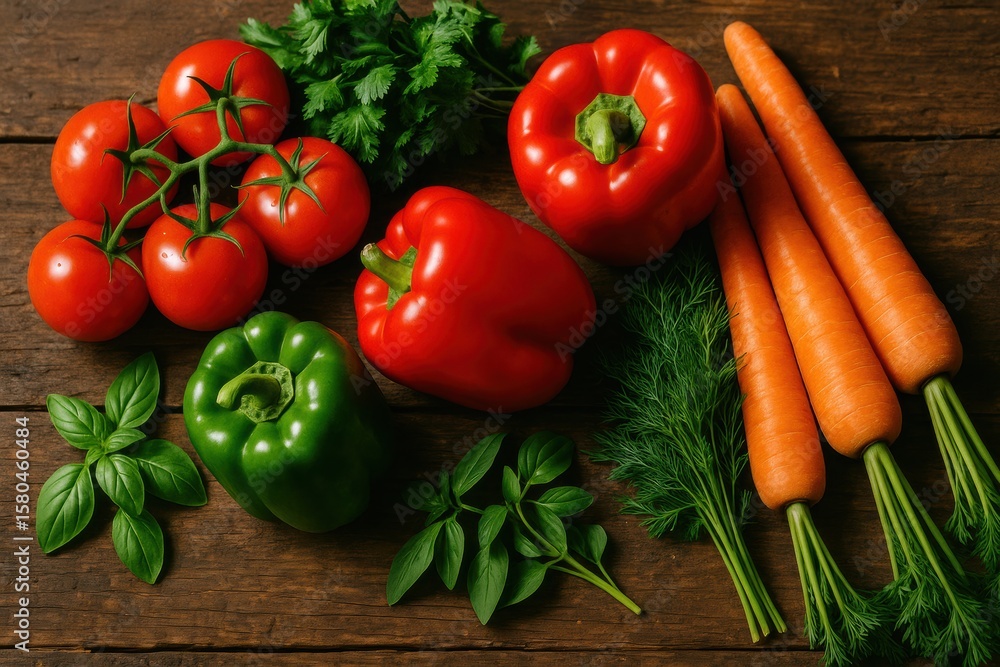 Colorful vegetables with basil on a wooden table. Perfect for healthy food, cooking, and organic lifestyle campaigns.
Colorful vegetables with basil on a wooden table. Perfect for healthy food, cooking, and organic lifestyle campaigns.