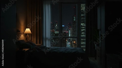 Cozy bedroom at night with city lights visible through window  